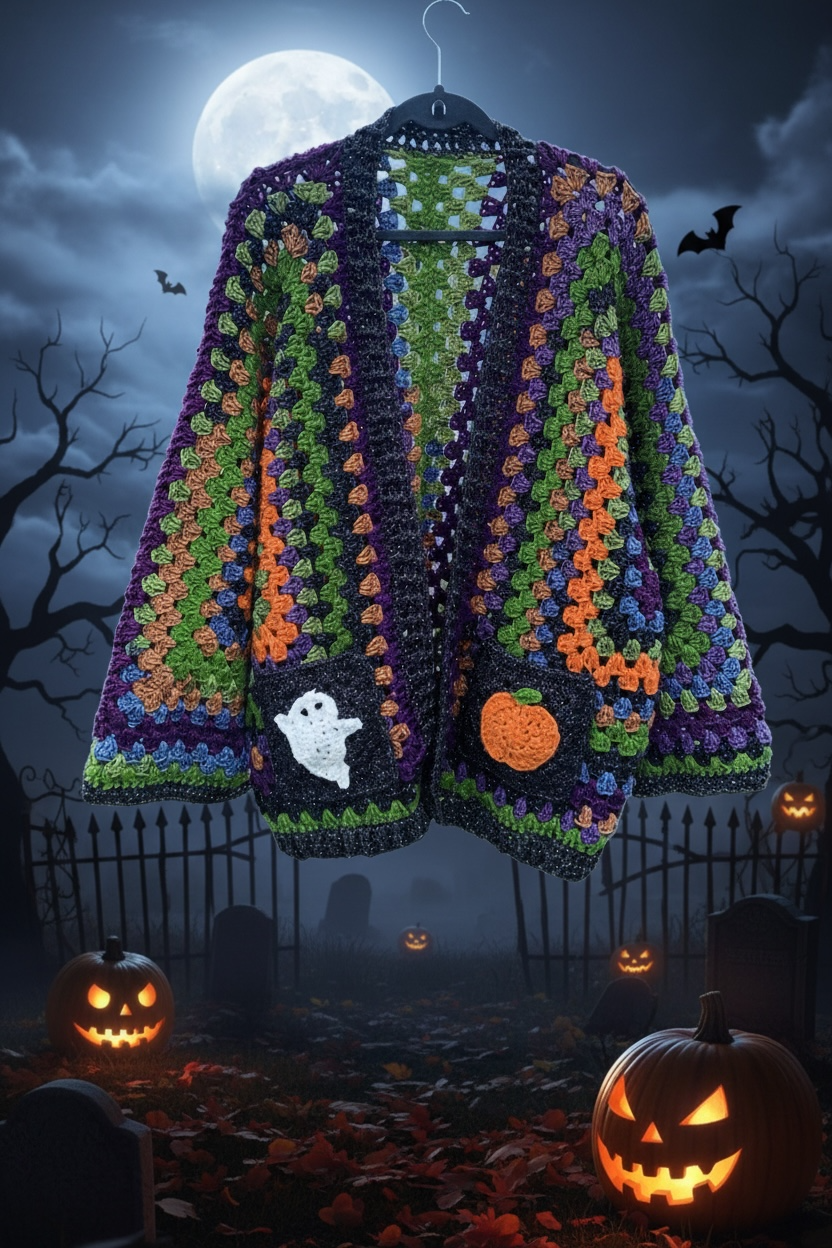 Hand Crocheted Halloween Ghost & Pumpkin Cardigan