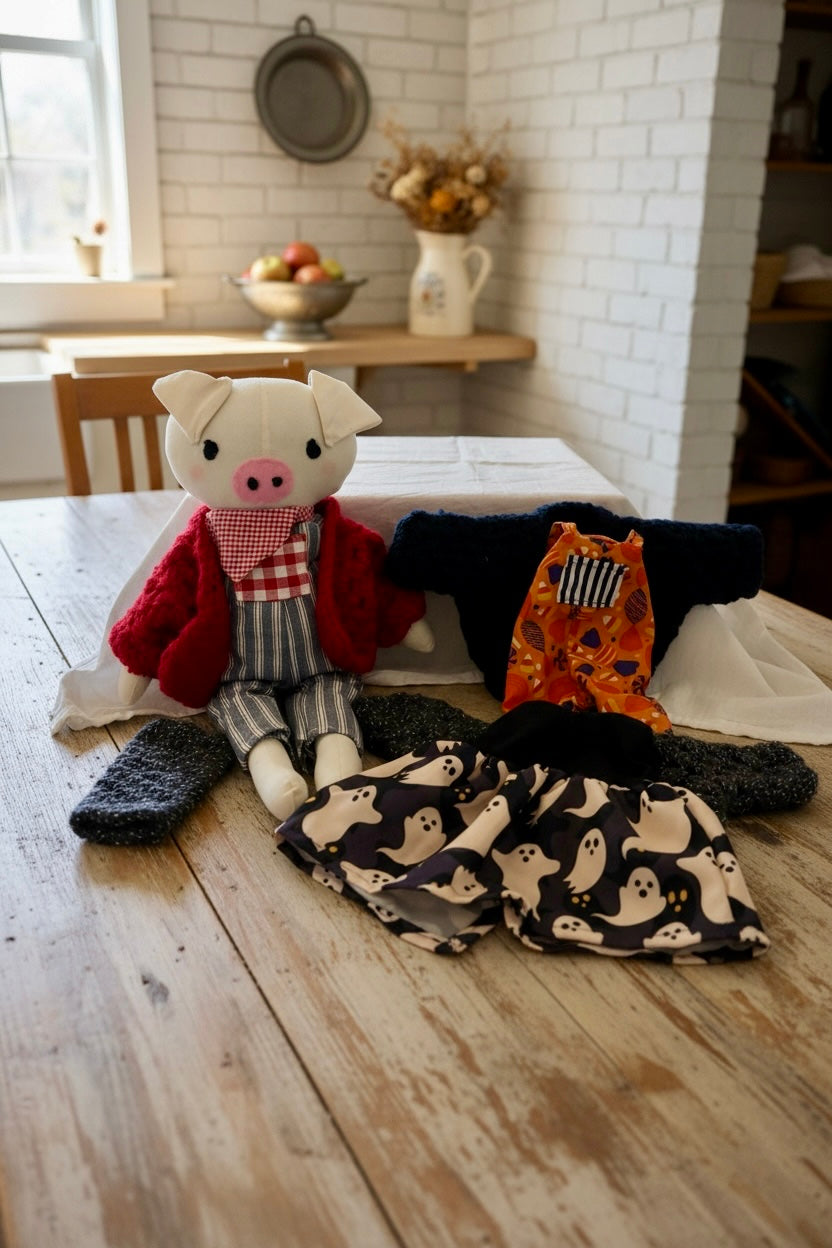 Hand Sewn Piglet Doll with Extra Outfits