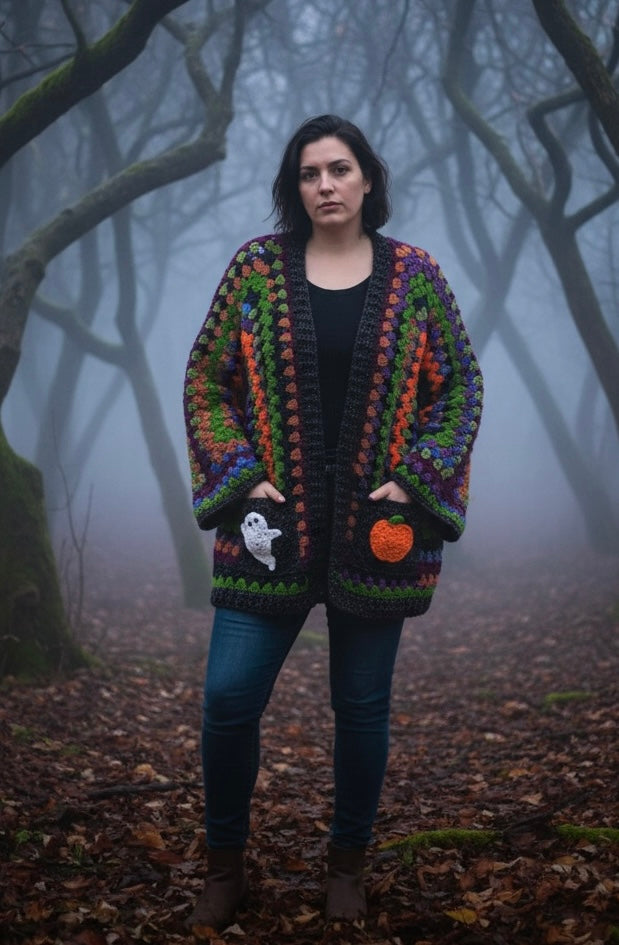 Hand Crocheted Halloween Ghost & Pumpkin Cardigan